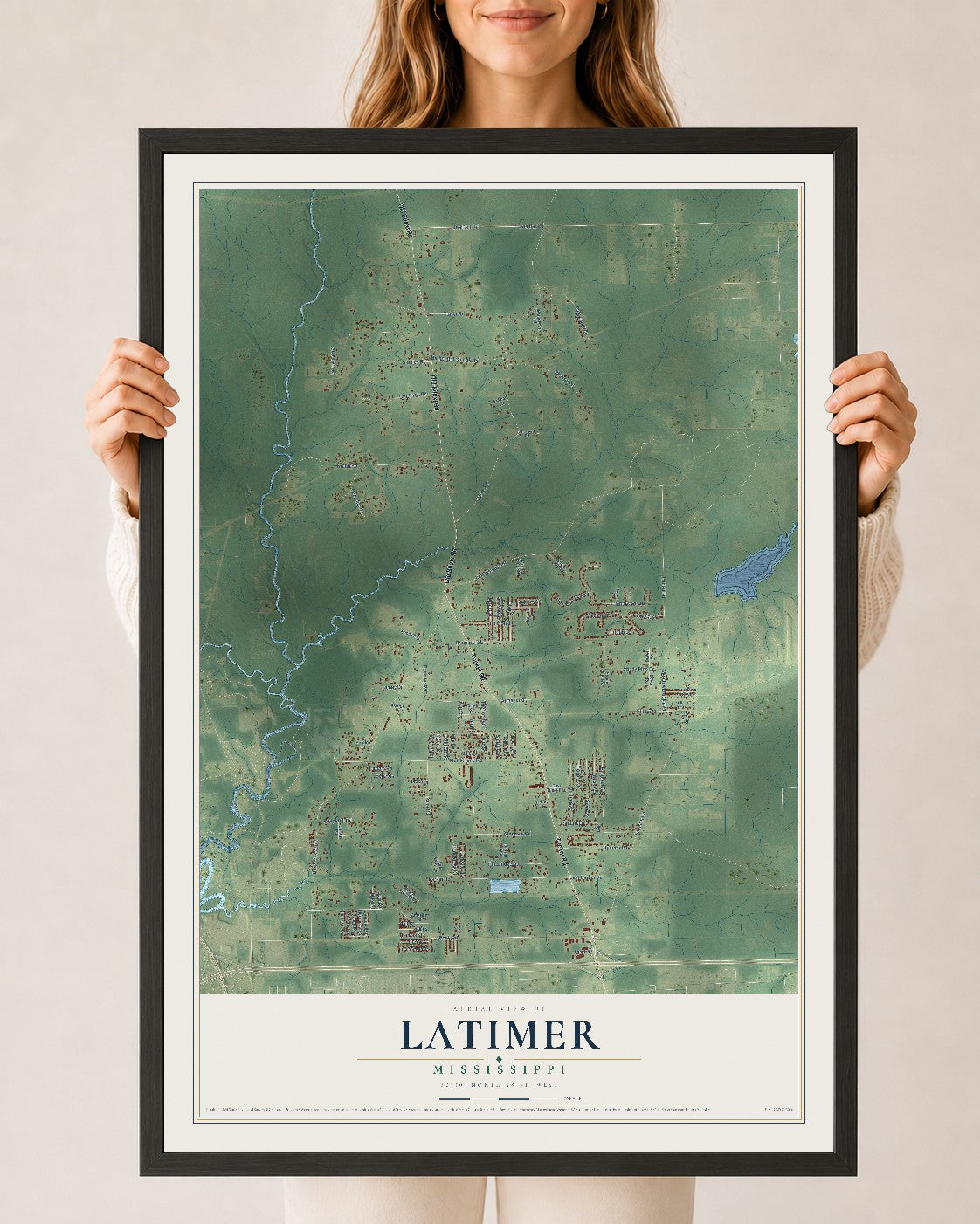 Map of Latimer, Mississippi, 24 x 36 inch print in a black wood frame