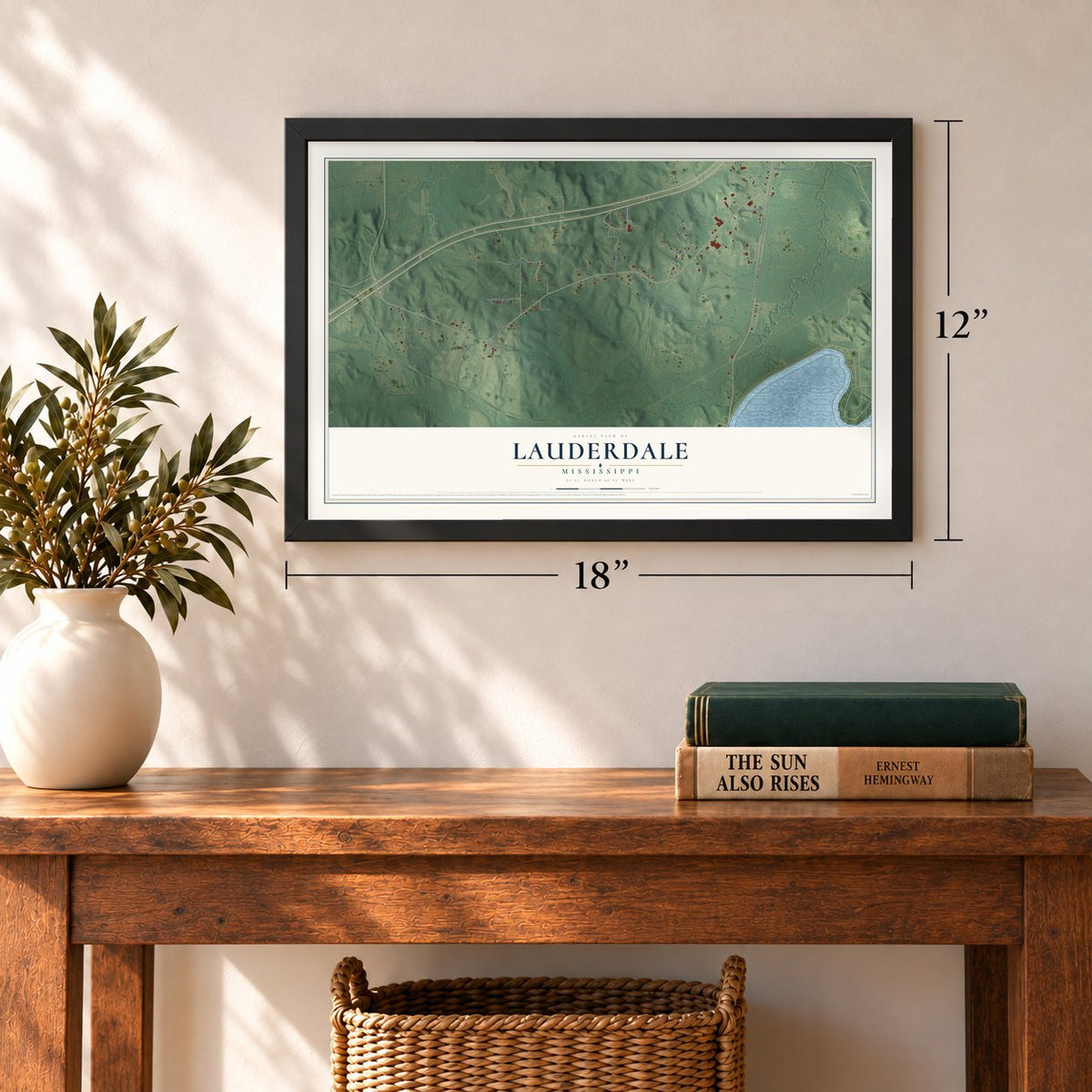 Lauderdale, Mississippi map, 12 x 18 inch print in a black frame in an entryway