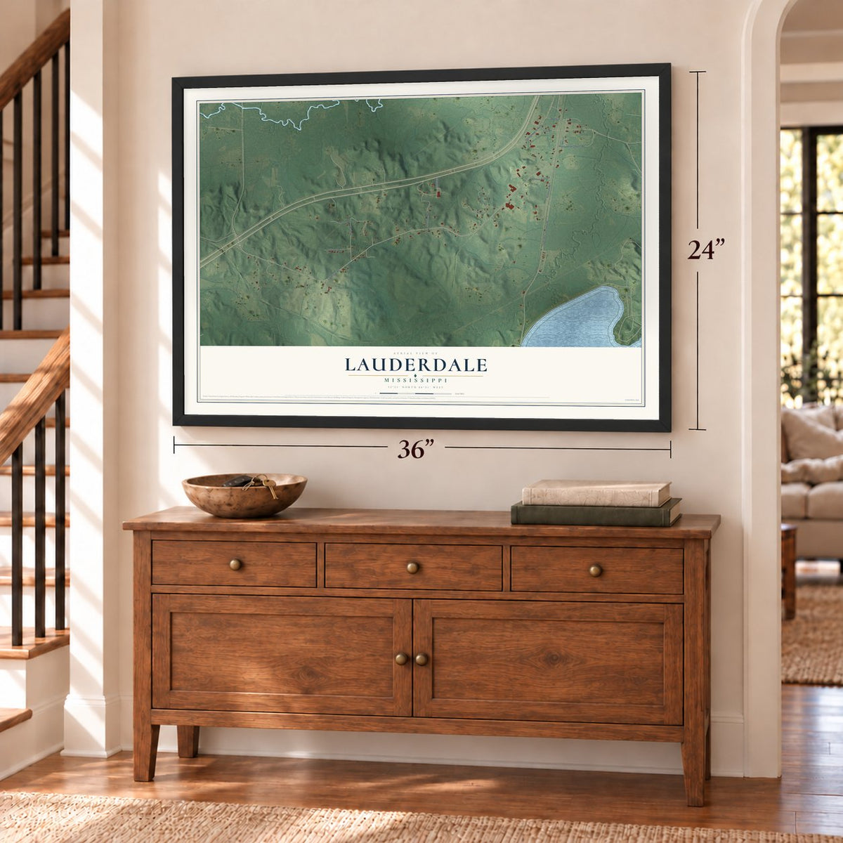 Lauderdale, Mississippi map, 24 x 36 inch print in a black frame above a dresser by a staircase