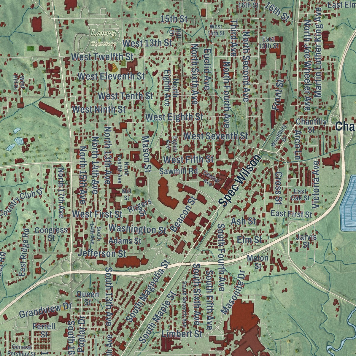 Close-up of the map of Laurel, Mississippi print showing street and building detail