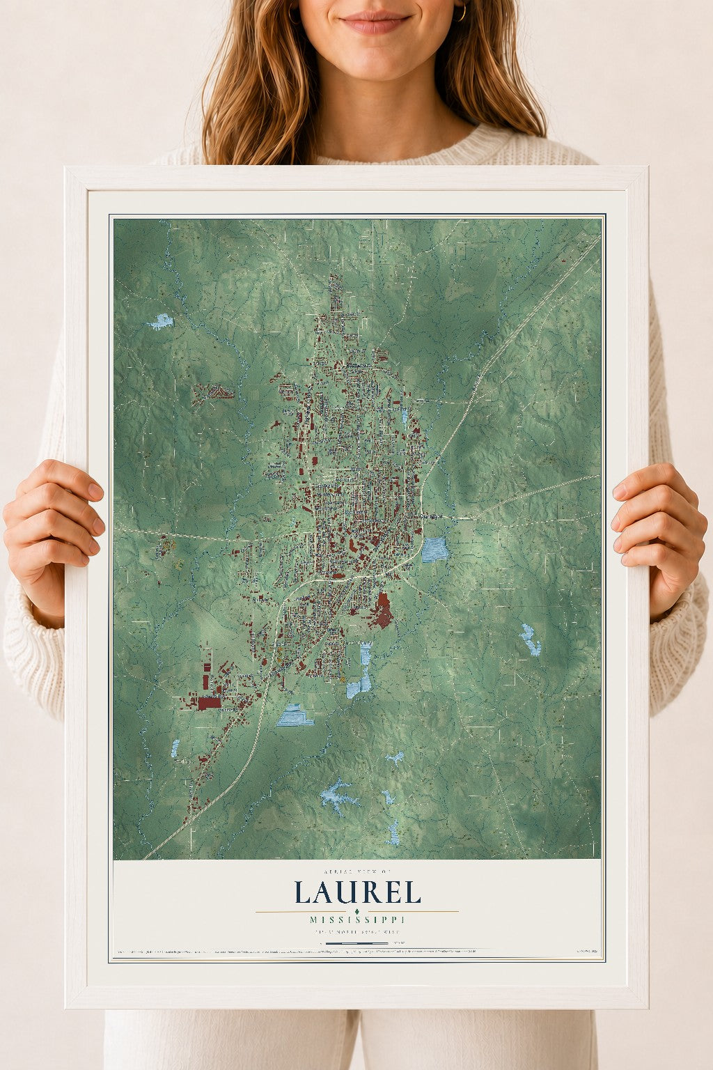 Map of Laurel, Mississippi, 18 x 24 inch print in a white wood frame