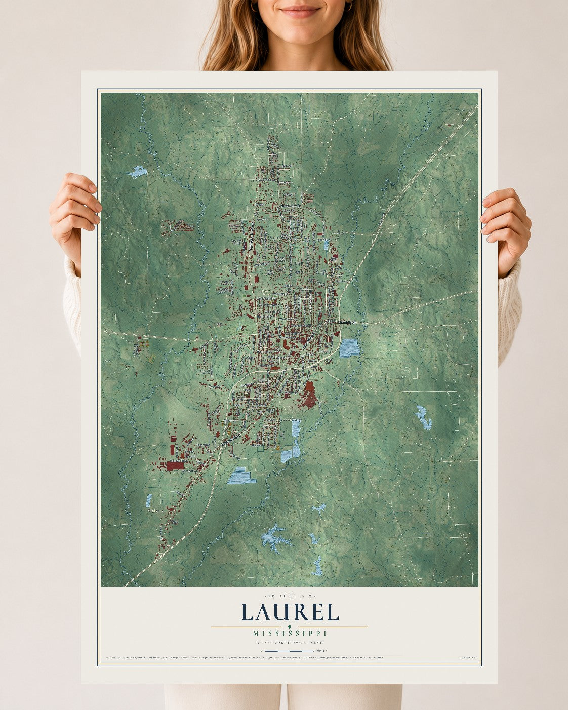 Map of Laurel, Mississippi, 24 x 36 inch unframed archival matte print