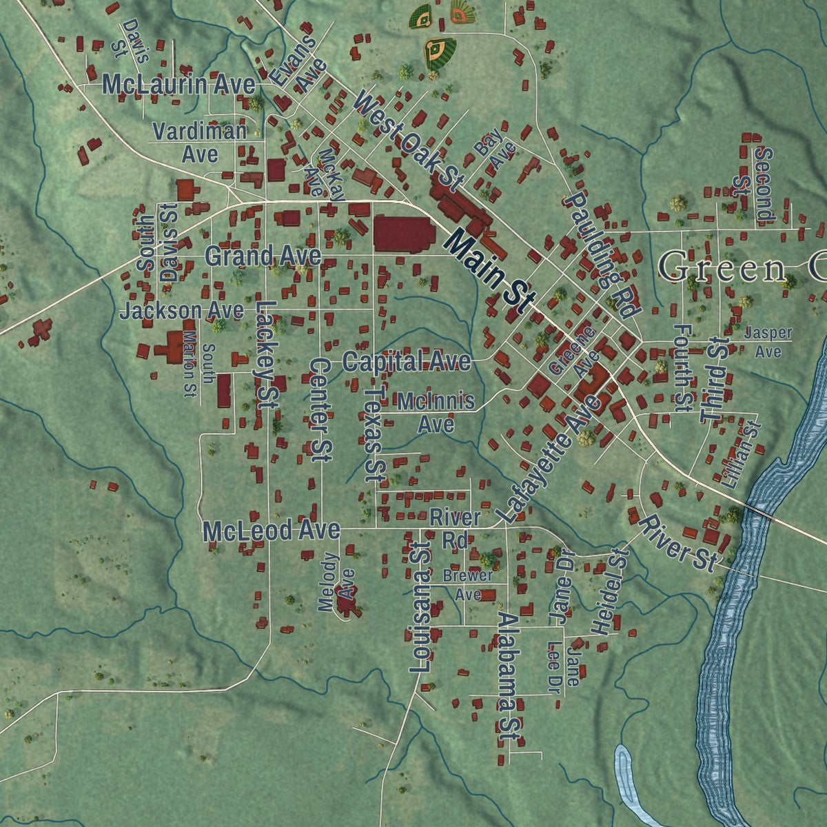 Close-up of the map of Leakesville, Mississippi print showing street and building detail