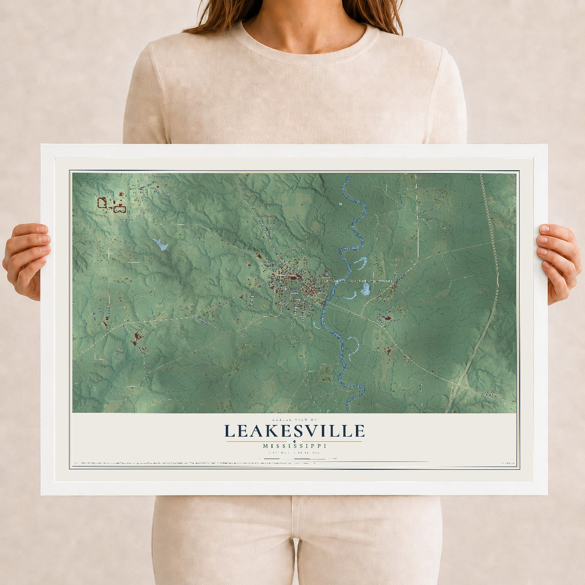 Map of Leakesville, Mississippi, 12 x 18 inch print in a white wood frame