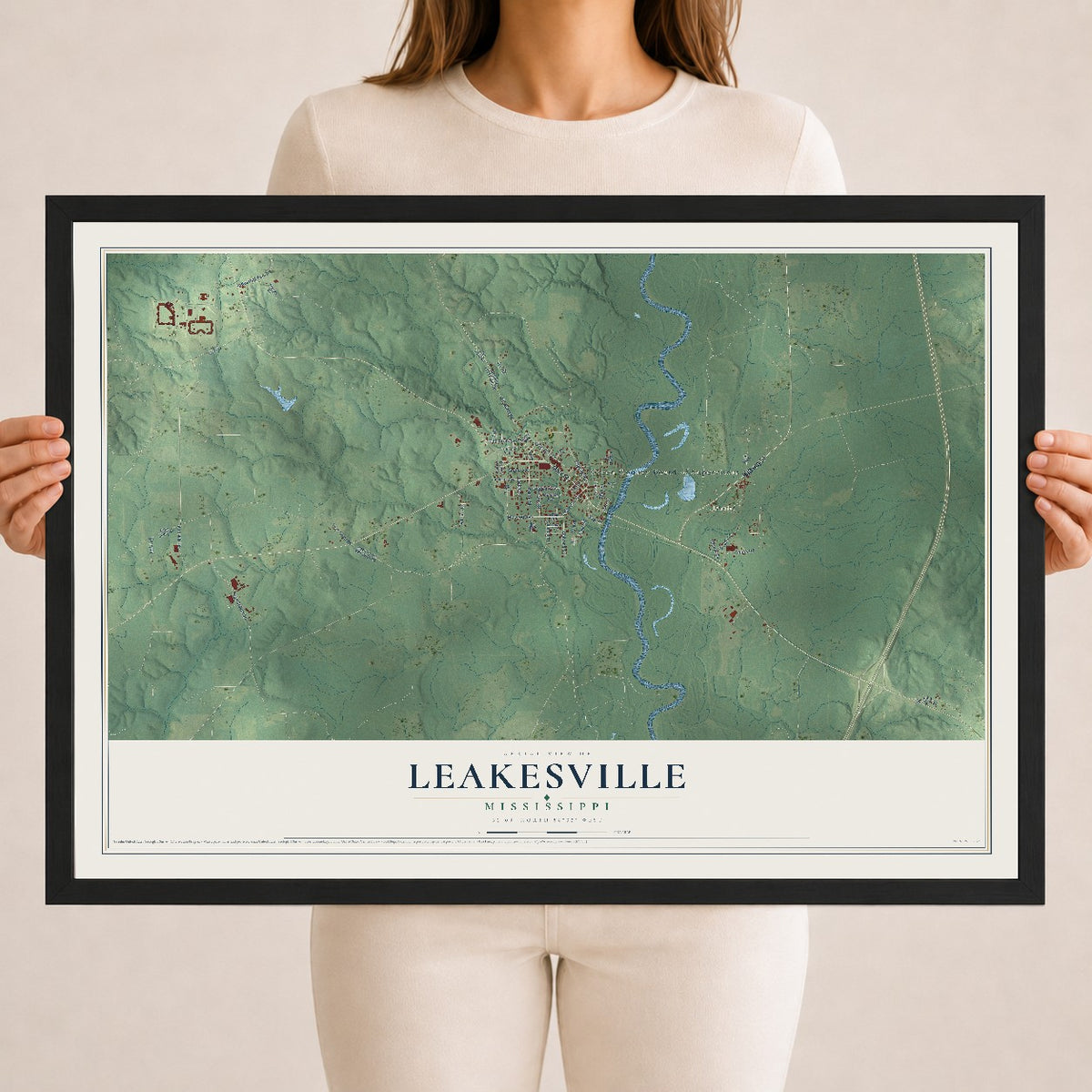 Map of Leakesville, Mississippi, 18 x 24 inch print in a black wood frame