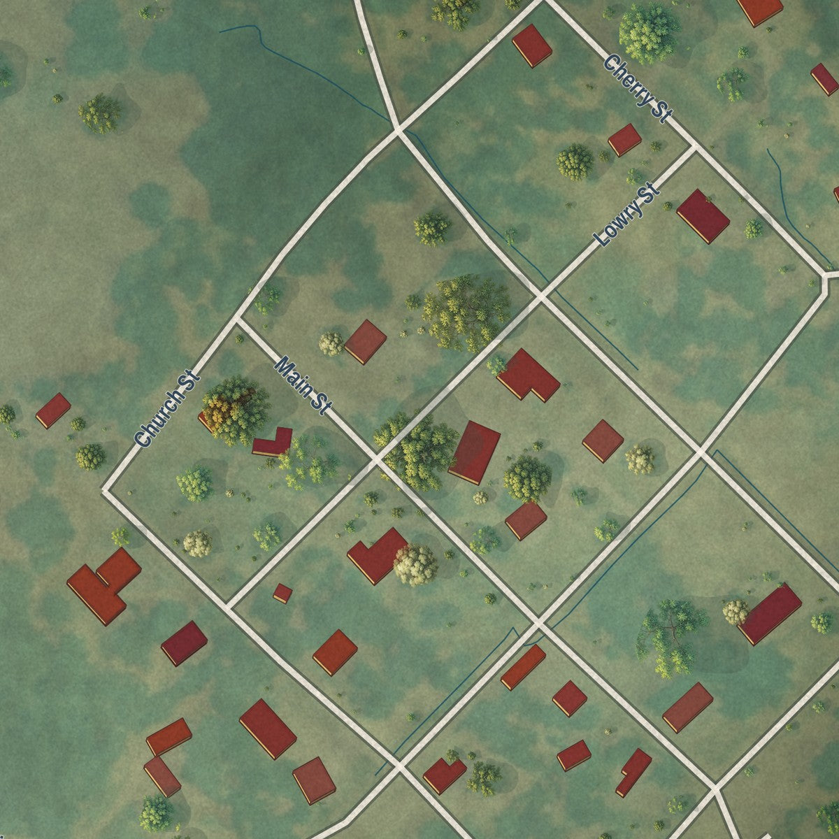 Close-up of the map of Learned, Mississippi print showing street and building detail