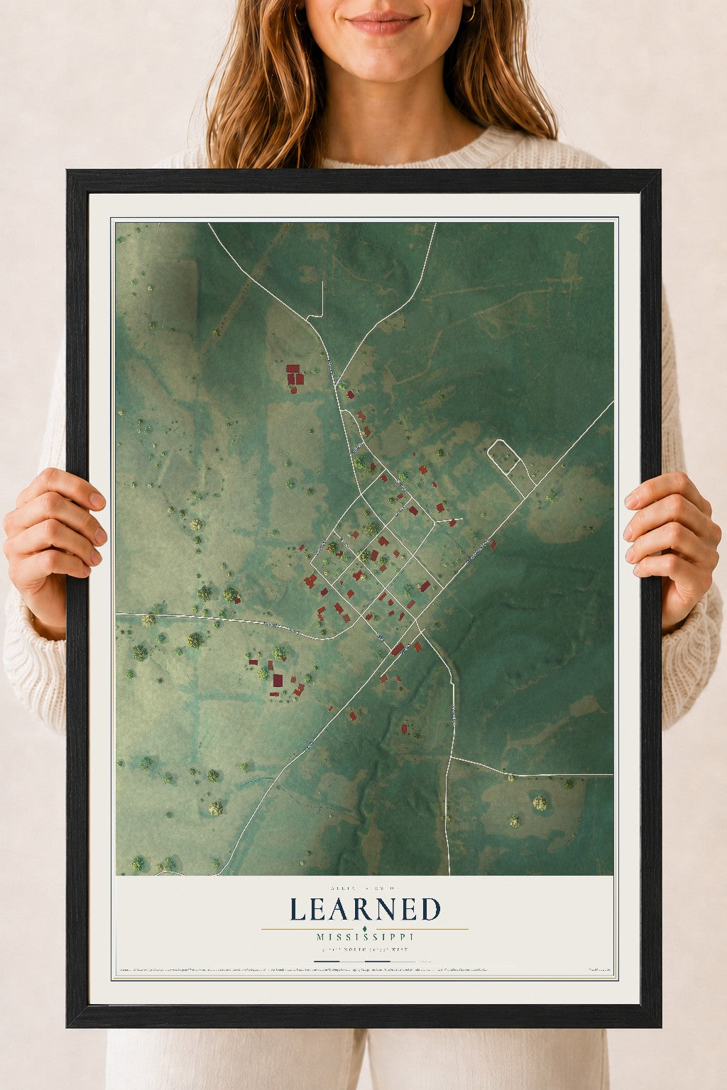 Map of Learned, Mississippi, 18 x 24 inch print in a black wood frame