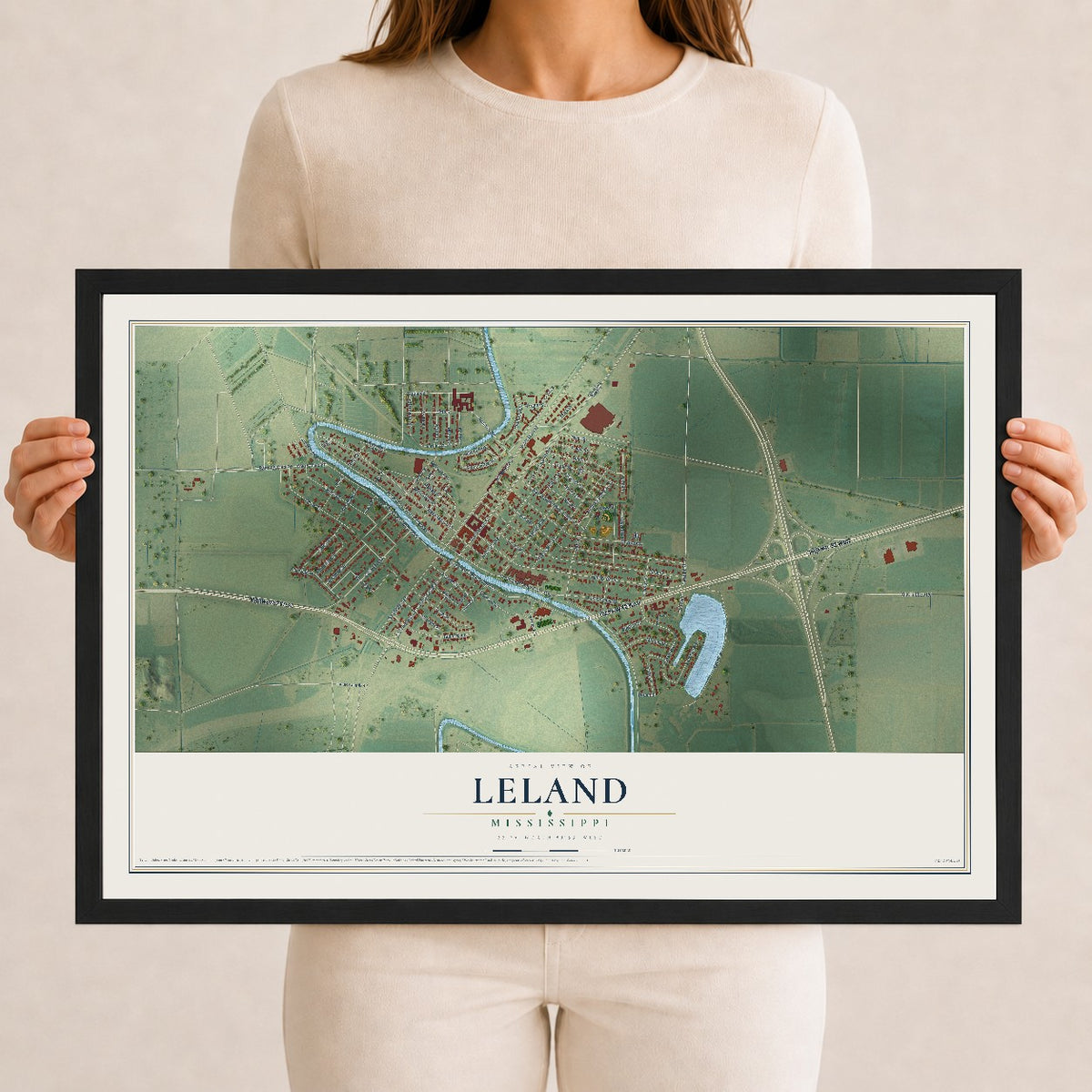 Map of Leland, Mississippi, 12 x 18 inch print in a black wood frame