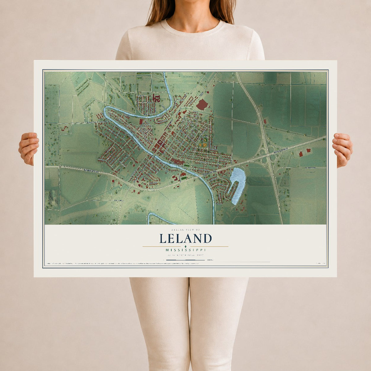 Map of Leland, Mississippi, 24 x 36 inch unframed archival matte print
