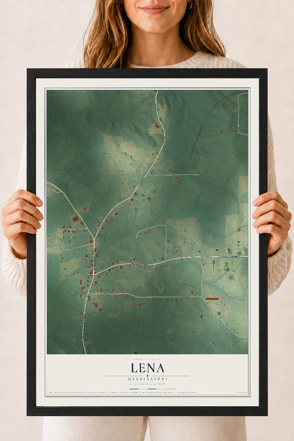 Map of Lena, Mississippi, 18 x 24 inch print in a black wood frame