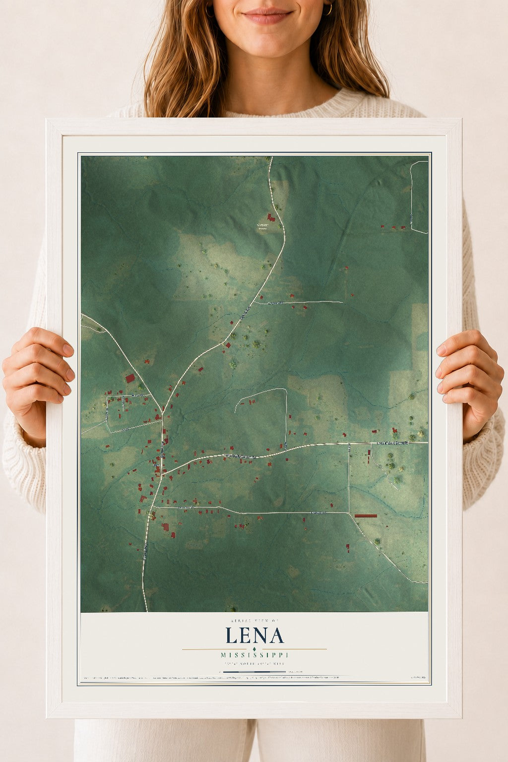 Map of Lena, Mississippi, 18 x 24 inch print in a white wood frame
