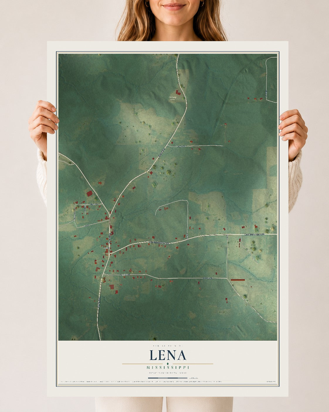 Map of Lena, Mississippi, 24 x 36 inch unframed archival matte print
