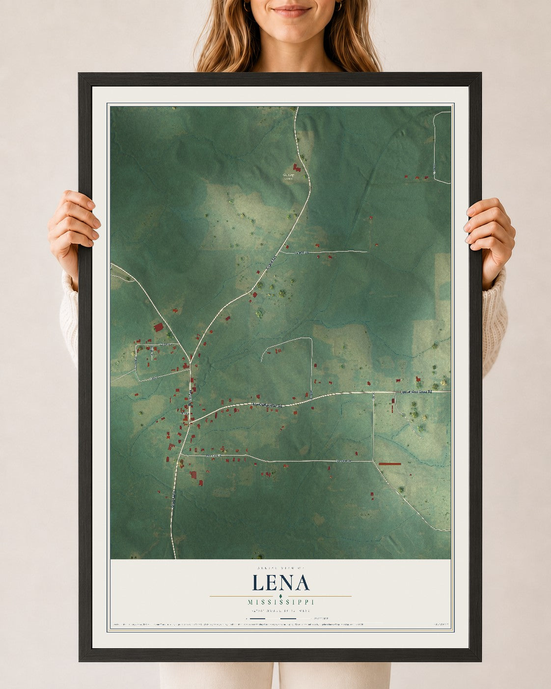 Map of Lena, Mississippi, 24 x 36 inch print in a black wood frame
