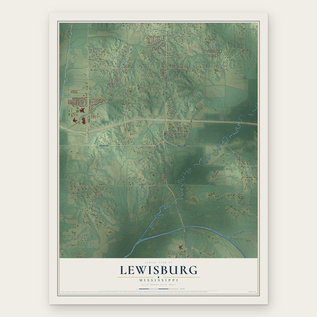 Lewisburg, Mississippi map print, the full design