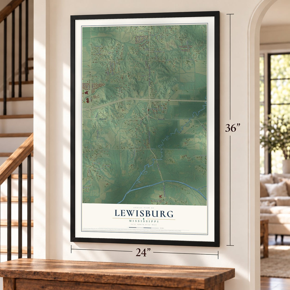 Lewisburg, Mississippi map, 24 x 36 inch print in a black frame by a staircase