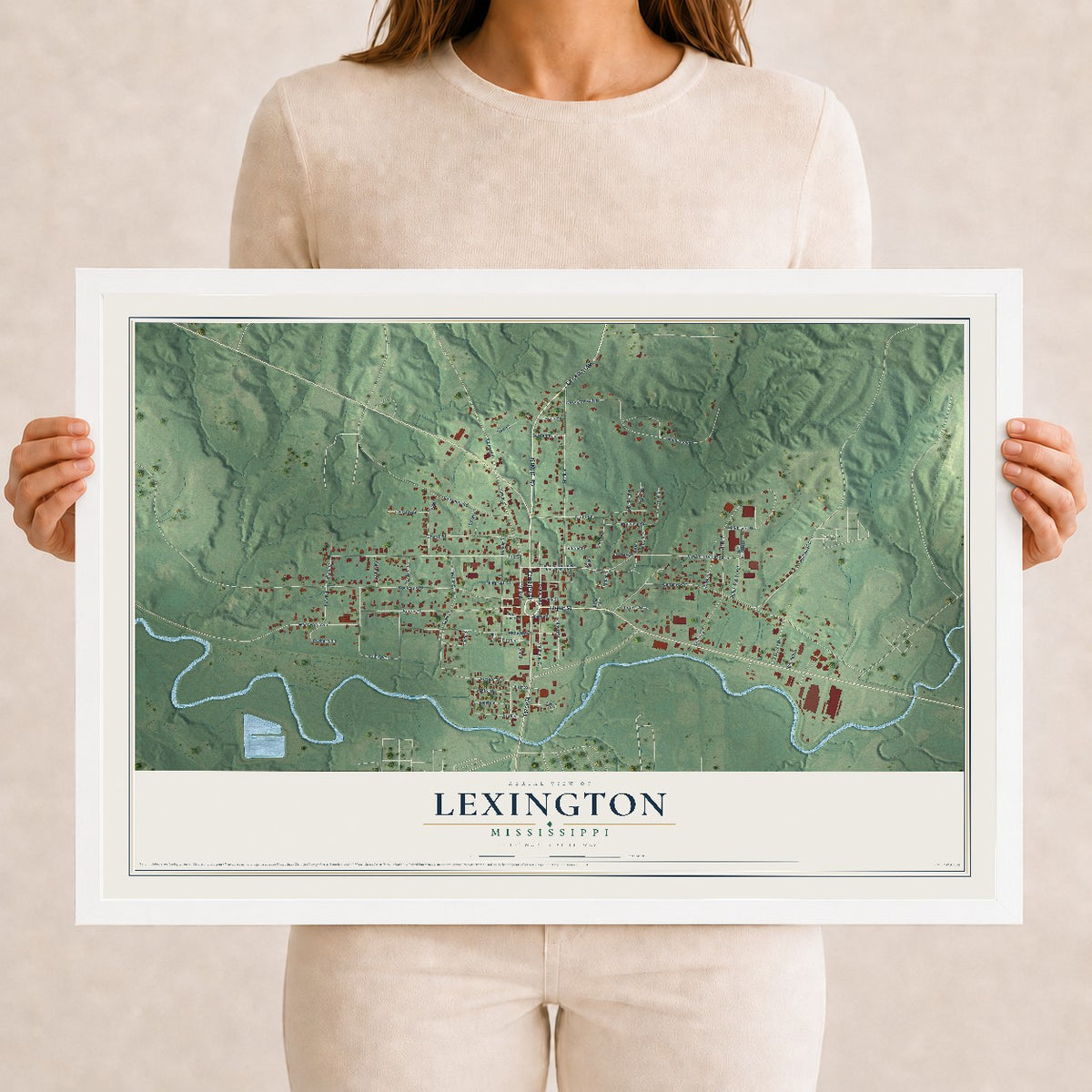 Map of Lexington, Mississippi, 12 x 18 inch print in a white wood frame