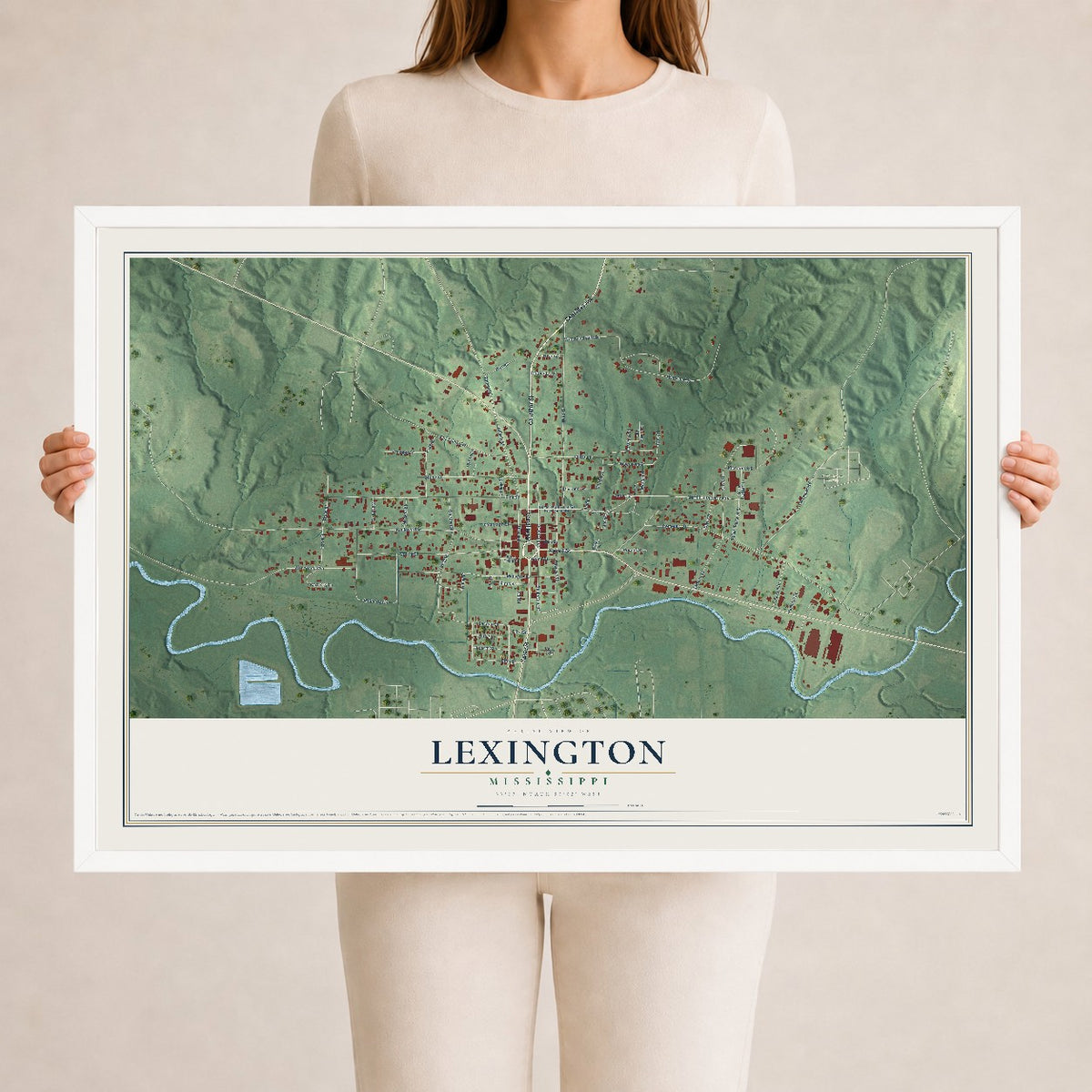Map of Lexington, Mississippi, 24 x 36 inch print in a white wood frame