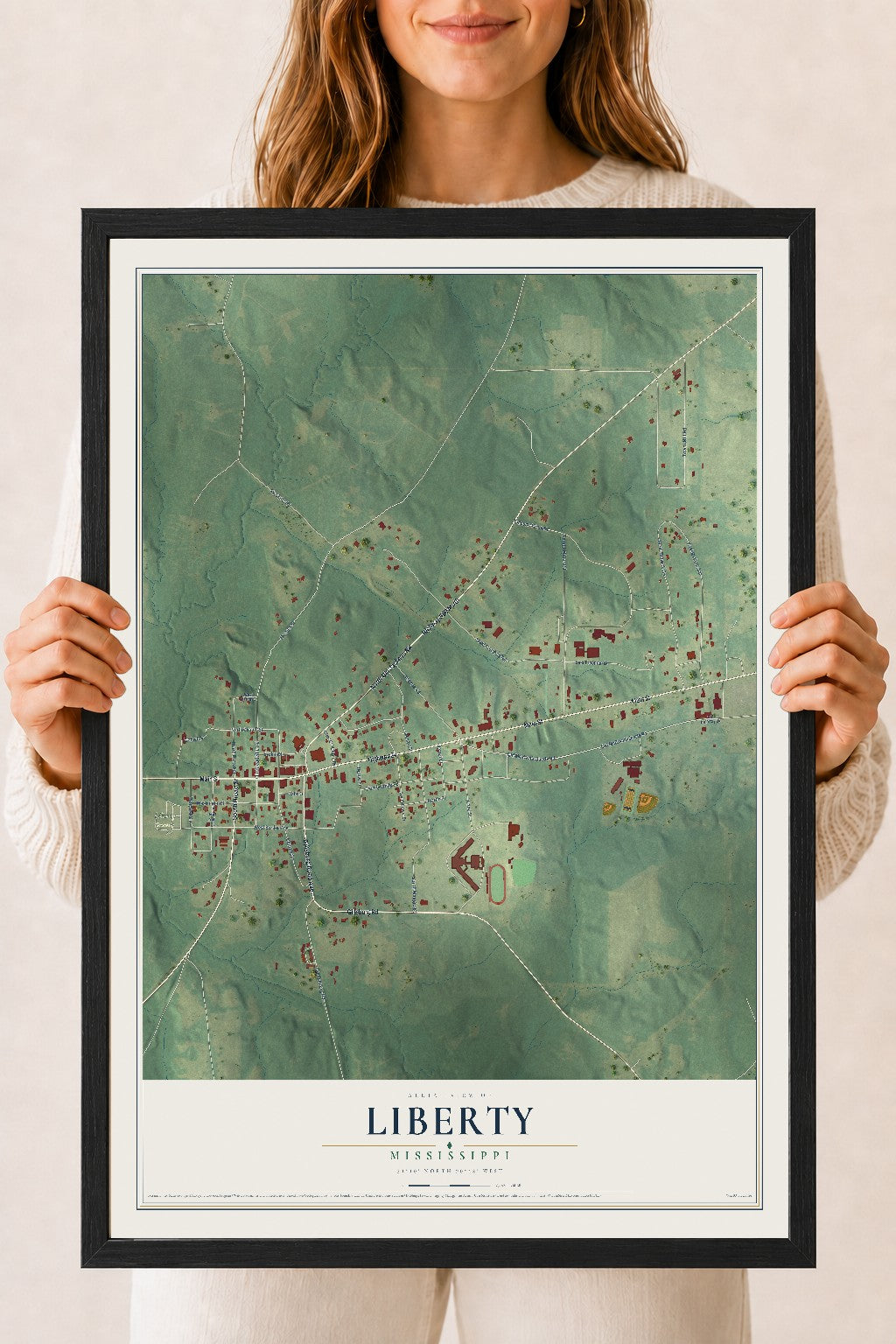 Map of Liberty, Mississippi, 18 x 24 inch print in a black wood frame