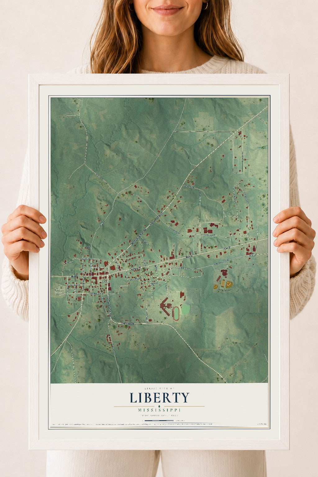 Map of Liberty, Mississippi, 18 x 24 inch print in a white wood frame