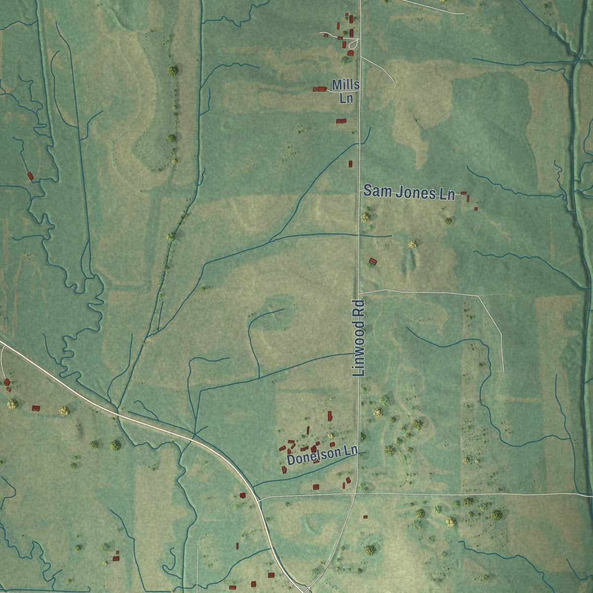 Close-up of the map of Linwood, Mississippi print showing street and building detail