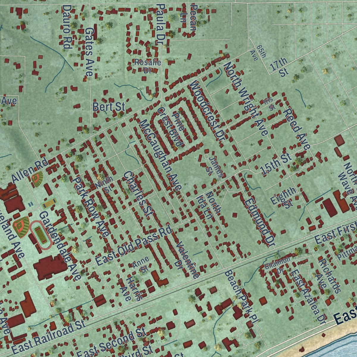 Second close-up of the map of Long Beach, Mississippi print showing more streets and buildings