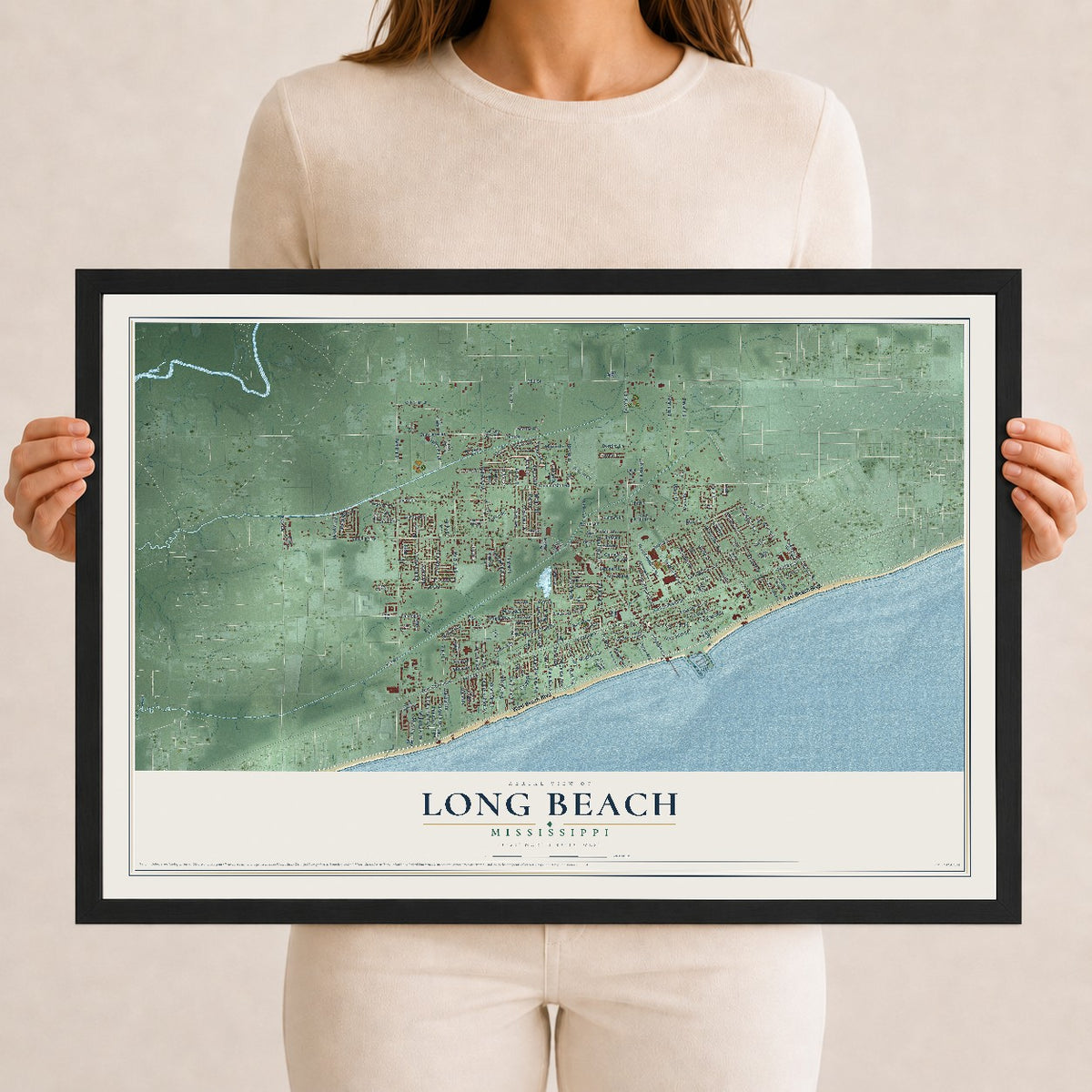 Map of Long Beach, Mississippi, 12 x 18 inch print in a black wood frame