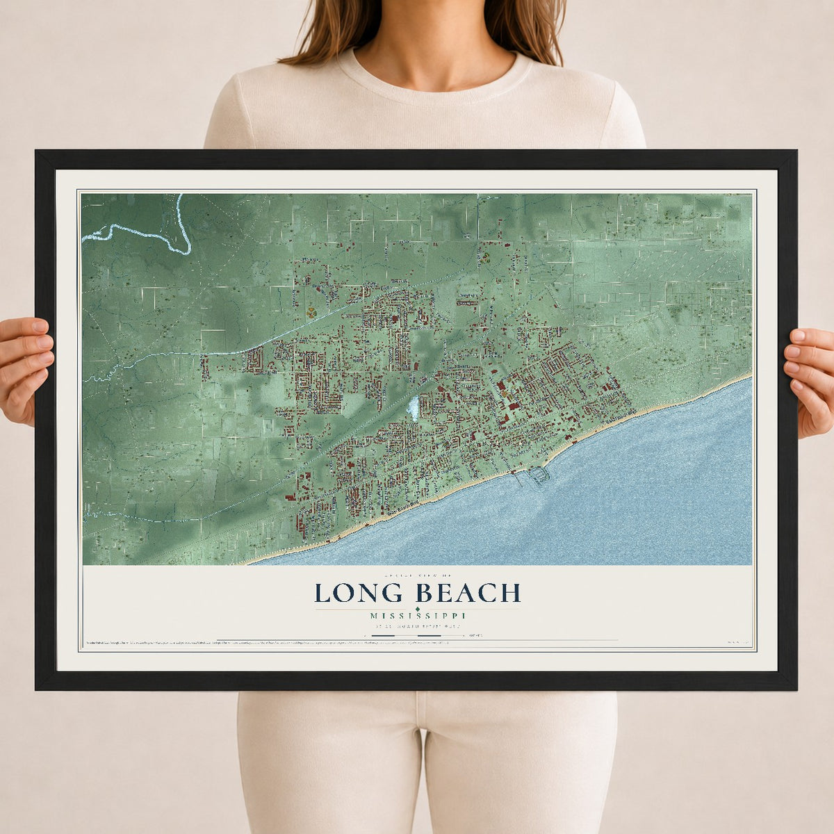 Map of Long Beach, Mississippi, 18 x 24 inch print in a black wood frame