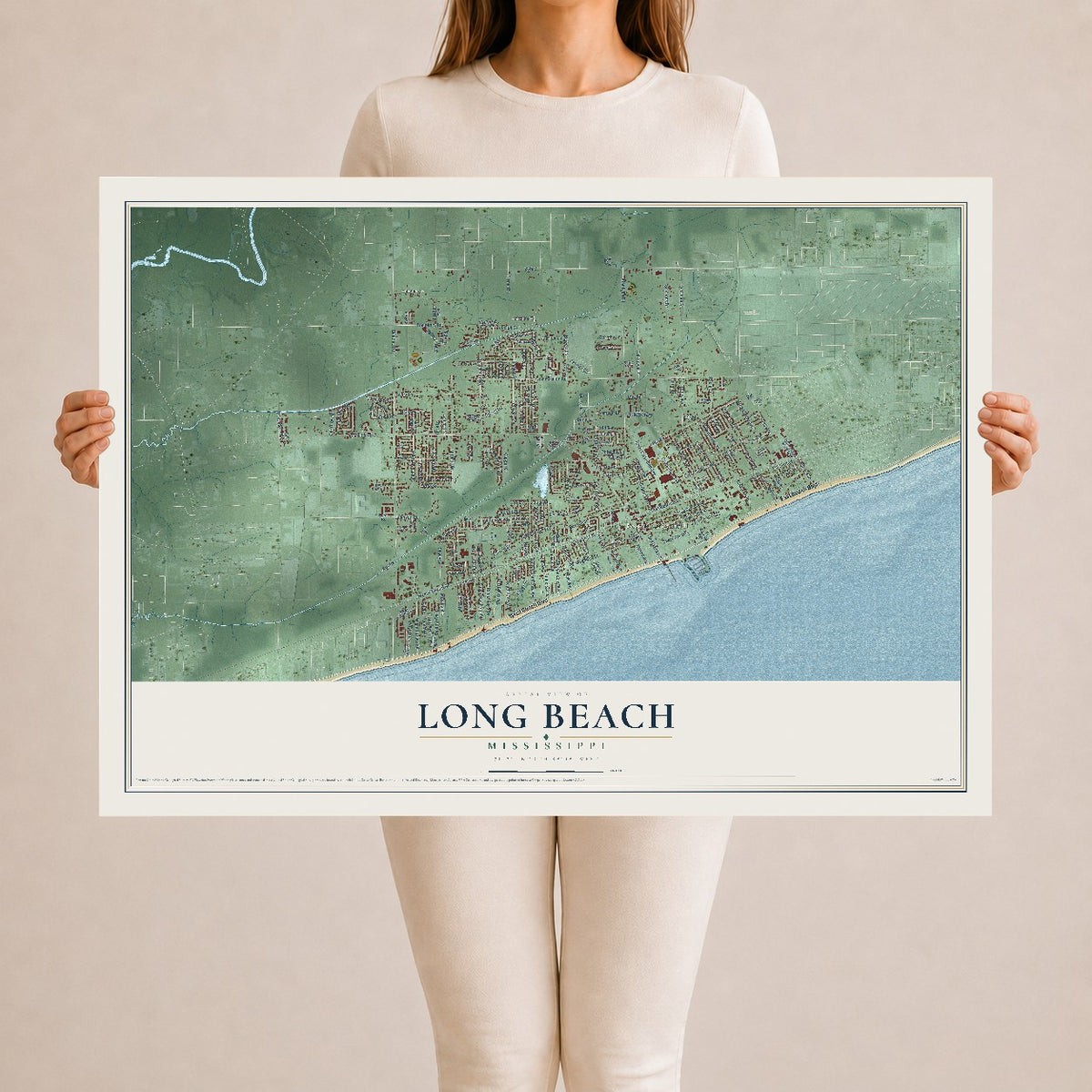 Map of Long Beach, Mississippi, 24 x 36 inch unframed archival matte print
