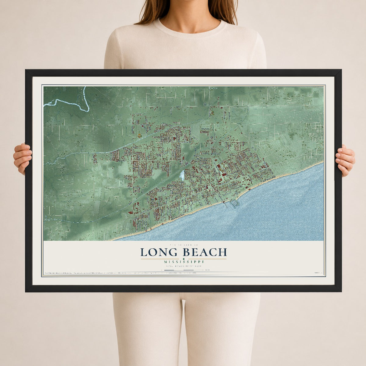 Map of Long Beach, Mississippi, 24 x 36 inch print in a black wood frame