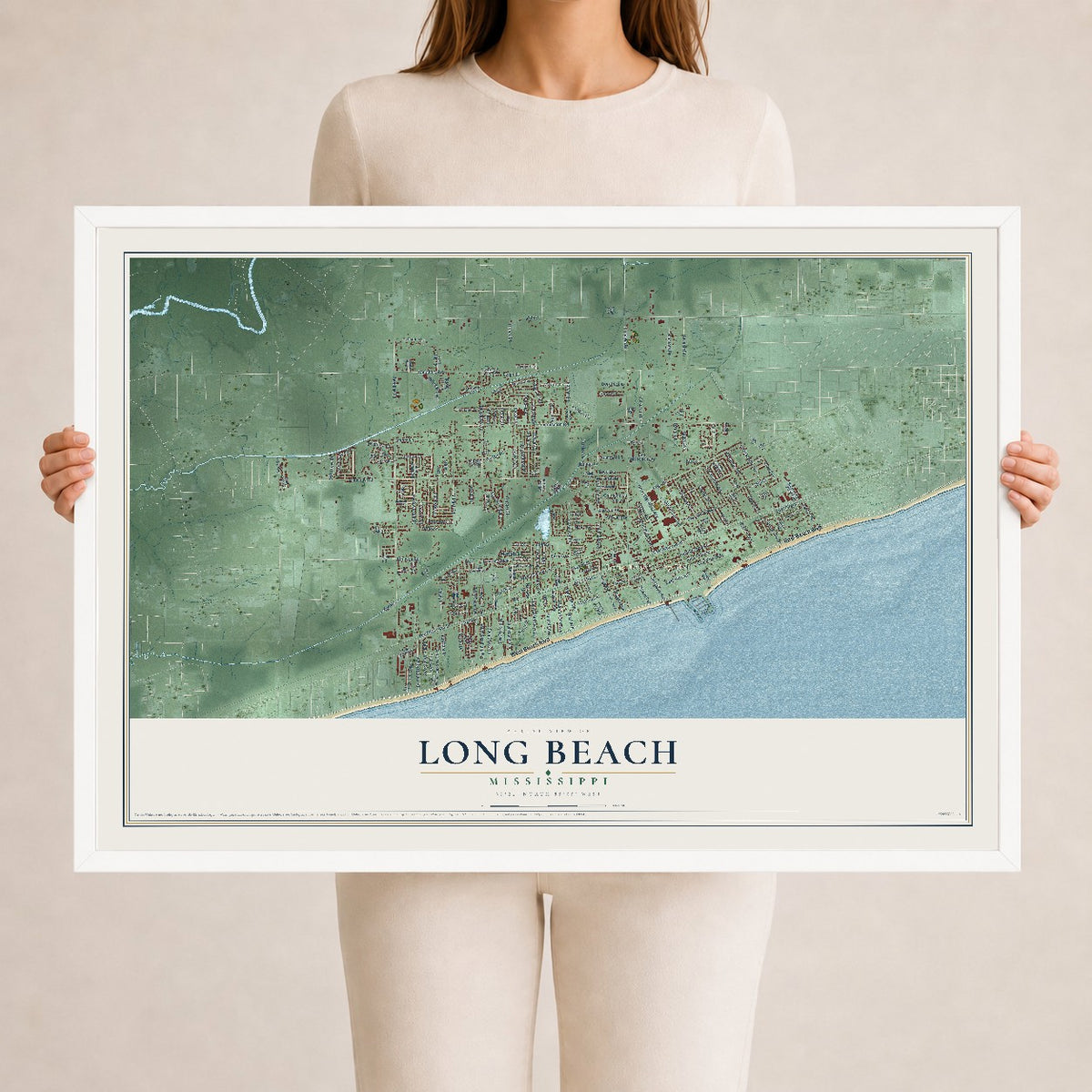 Map of Long Beach, Mississippi, 24 x 36 inch print in a white wood frame
