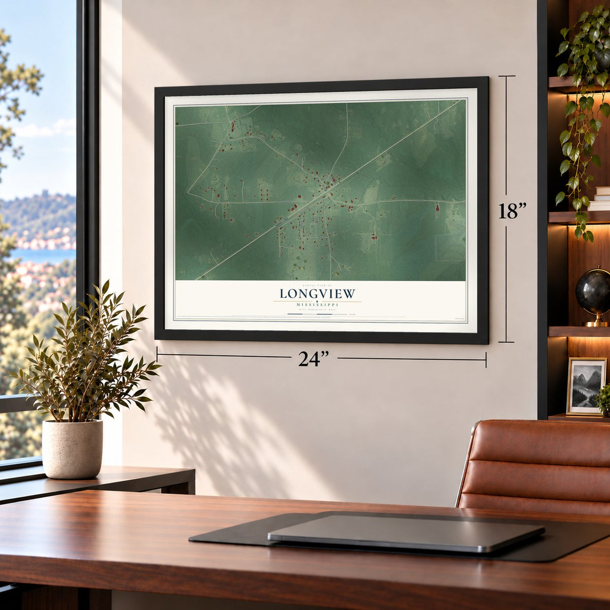 Longview, Mississippi map, 18 x 24 inch print in a black frame in a home office