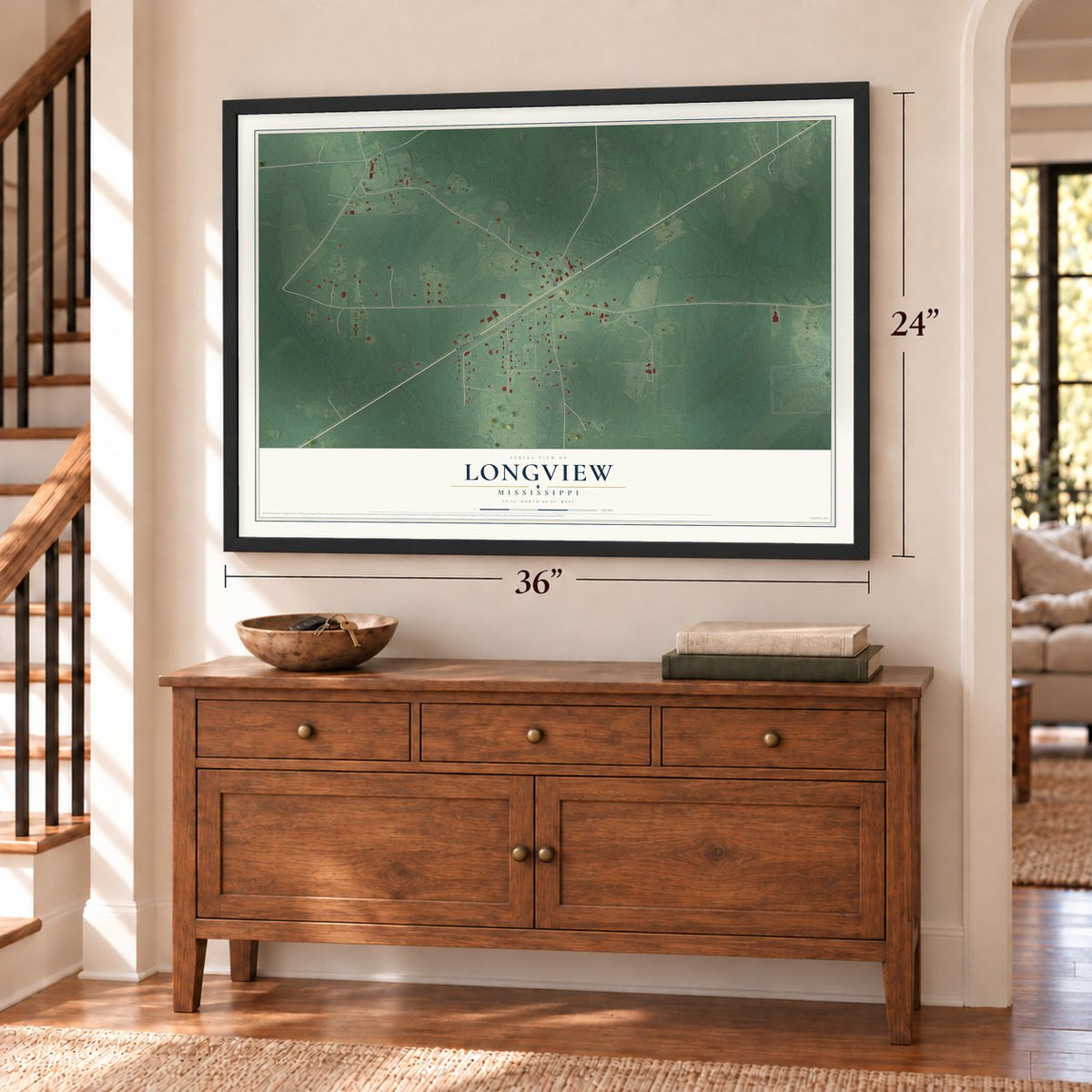 Longview, Mississippi map, 24 x 36 inch print in a black frame above a dresser by a staircase