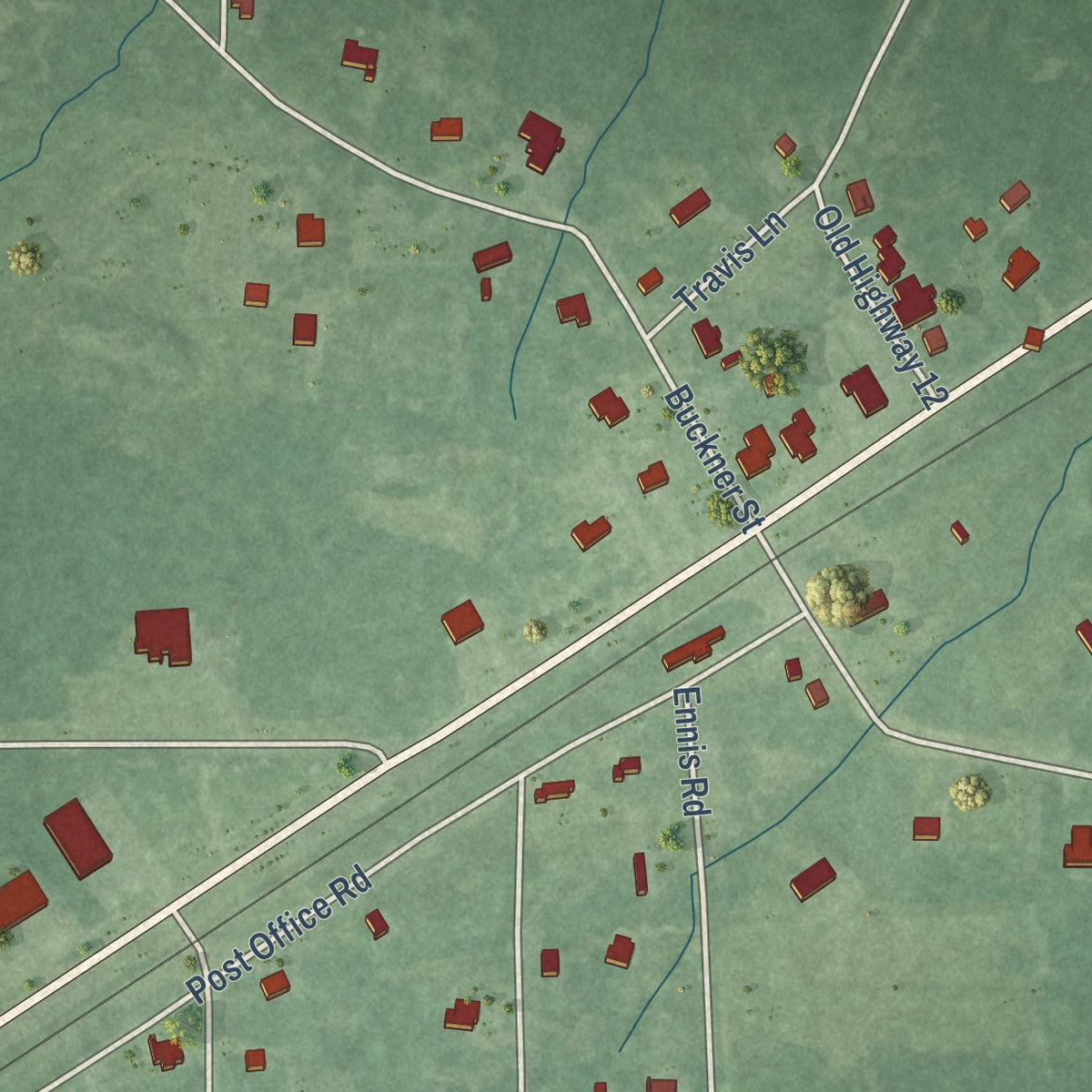 Close-up of the map of Longview, Mississippi print showing street and building detail