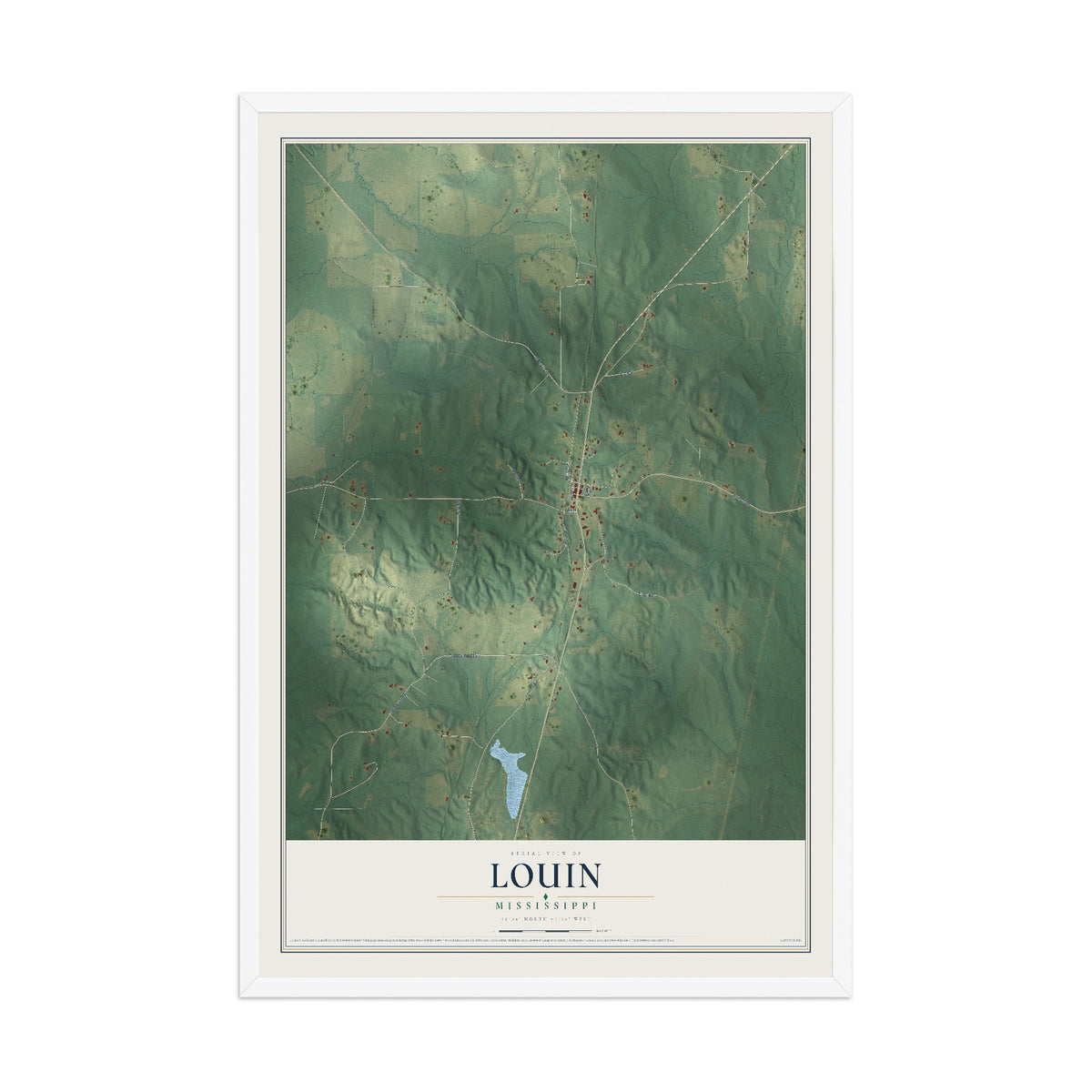 Map of Louin, Mississippi, 12 x 18 inch print in a white wood frame