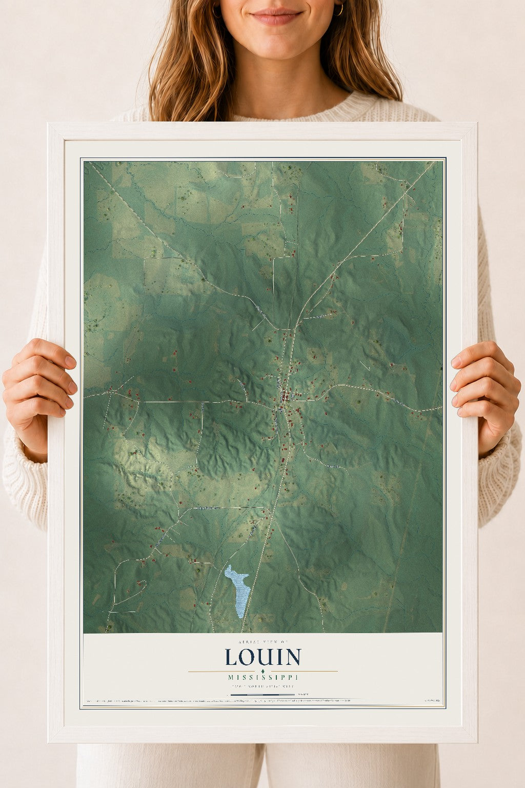 Map of Louin, Mississippi, 18 x 24 inch print in a white wood frame