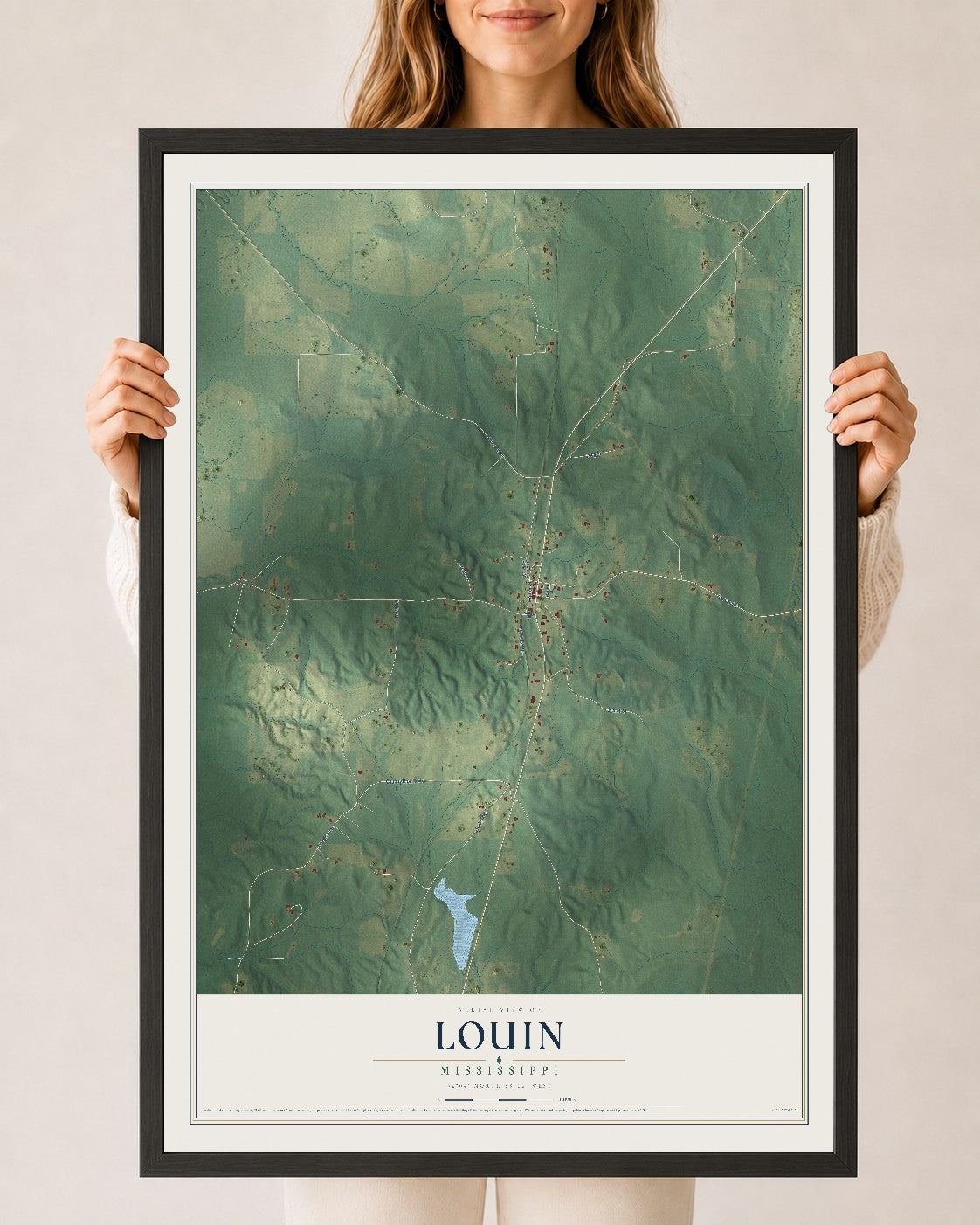 Map of Louin, Mississippi, 24 x 36 inch print in a black wood frame