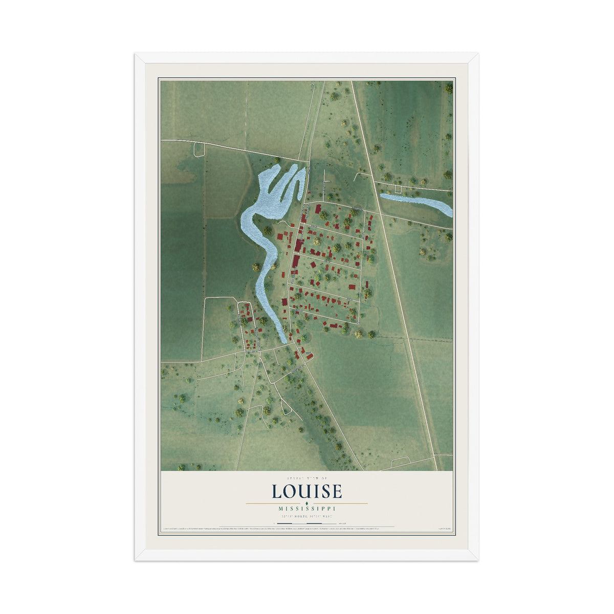 Map of Louise, Mississippi, 12 x 18 inch print in a white wood frame