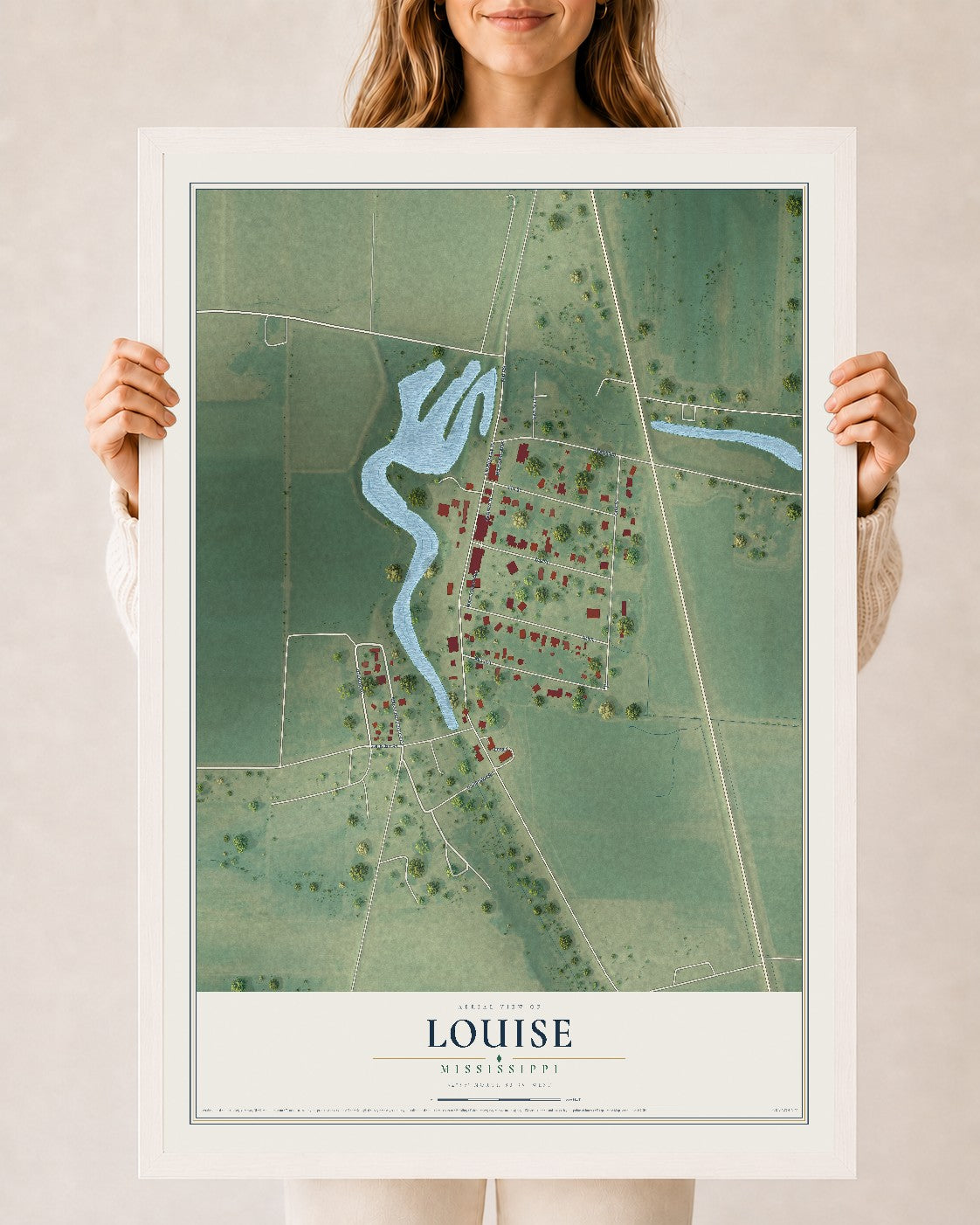 Map of Louise, Mississippi, 24 x 36 inch print in a white wood frame