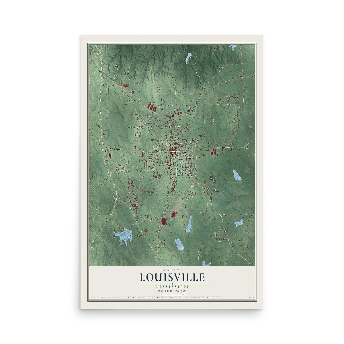 Map of Louisville, Mississippi, 12 x 18 inch unframed archival matte print