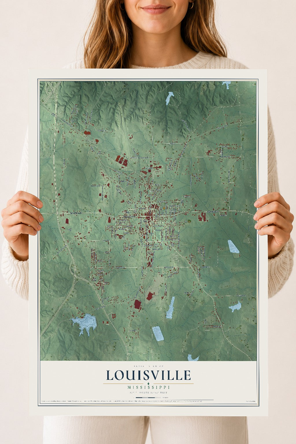 Map of Louisville, Mississippi, 18 x 24 inch unframed archival matte print