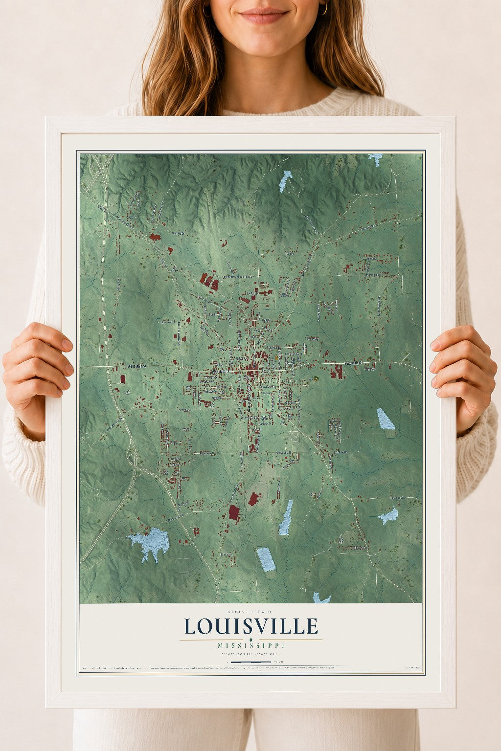 Map of Louisville, Mississippi, 18 x 24 inch print in a white wood frame