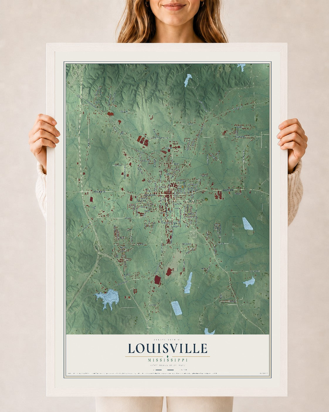 Map of Louisville, Mississippi, 24 x 36 inch print in a white wood frame