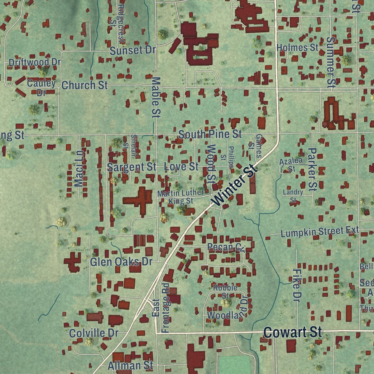 Close-up of the map of Lucedale, Mississippi print showing street and building detail