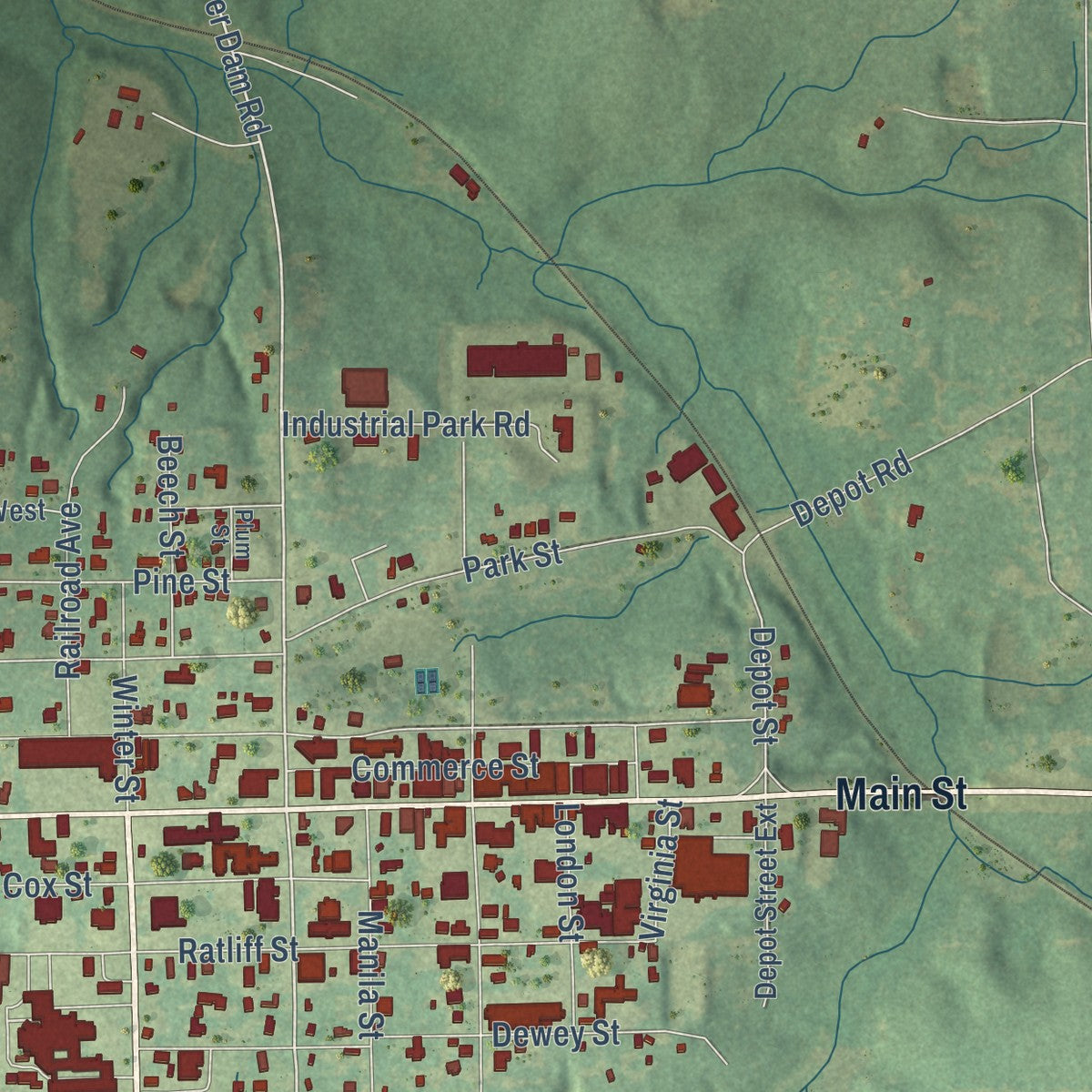 Second close-up of the map of Lucedale, Mississippi print showing more streets and buildings