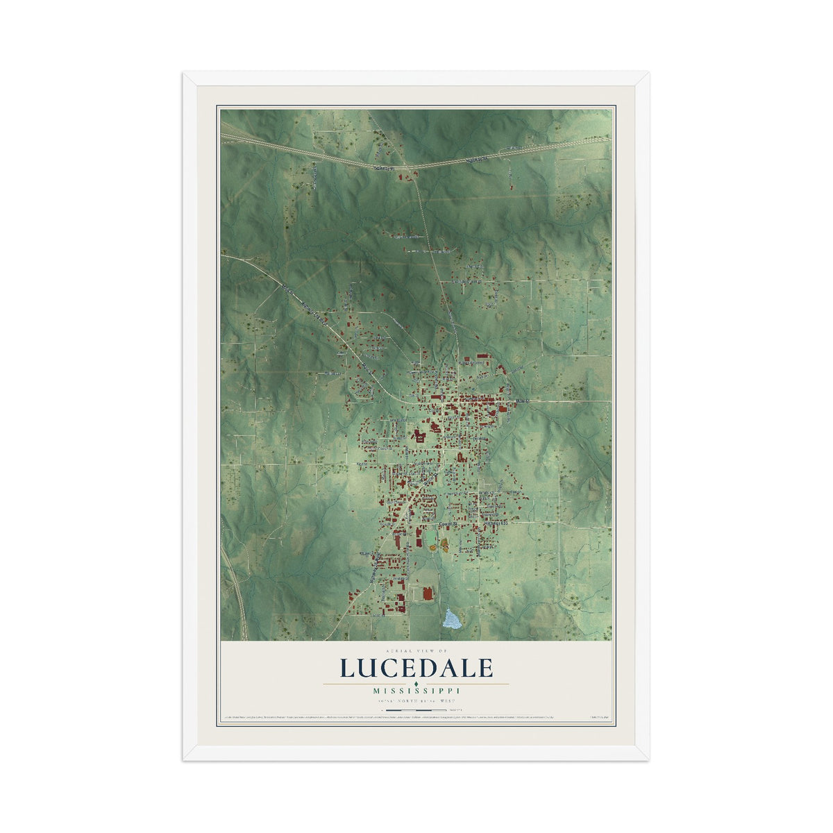 Map of Lucedale, Mississippi, 12 x 18 inch print in a white wood frame