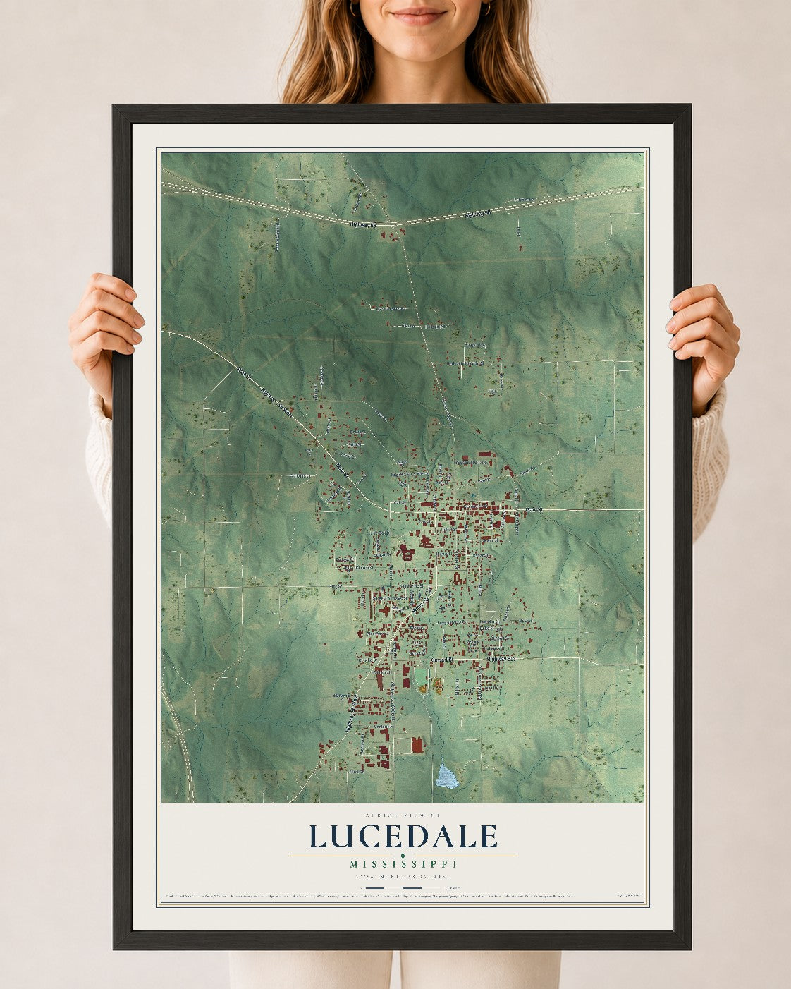 Map of Lucedale, Mississippi, 24 x 36 inch print in a black wood frame