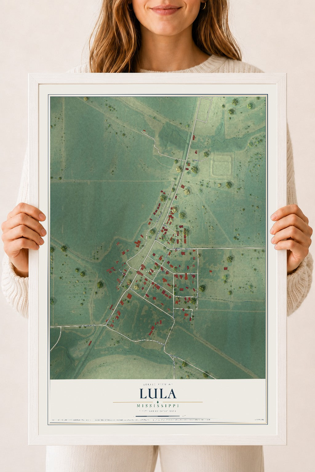 Map of Lula, Mississippi, 18 x 24 inch print in a white wood frame