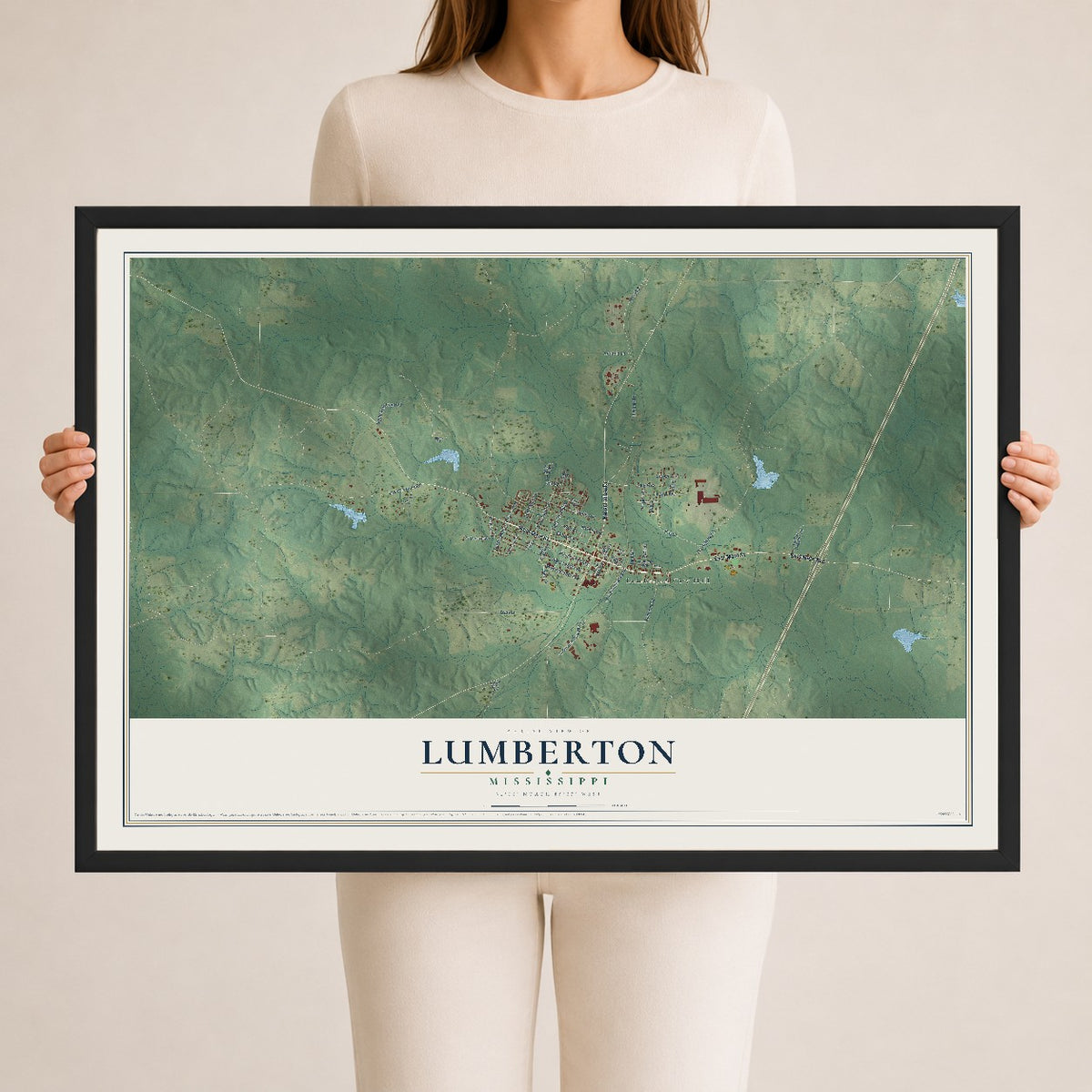 Map of Lumberton, Mississippi, 24 x 36 inch print in a black wood frame