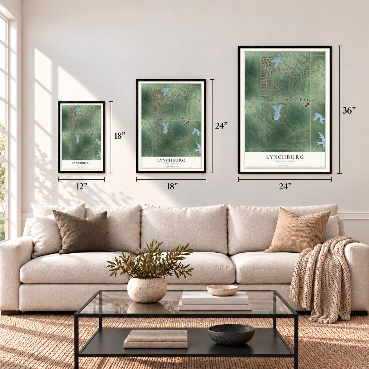 Lynchburg, Mississippi map in 12 x 18, 18 x 24 and 24 x 36 inch sizes above a sofa