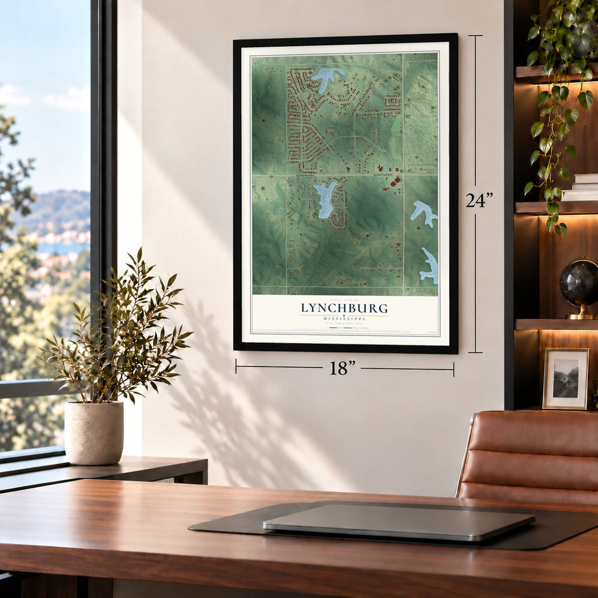 Lynchburg, Mississippi map, 18 x 24 inch print in a black frame in a home office